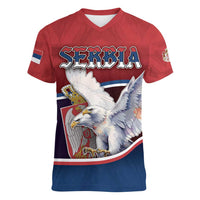 Personalized Serbia Women V-Neck T-Shirt White Double Headed Eagle With Coat Of Arms - Wonder Print Shop