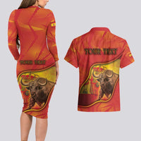 Personalized Spain Couples Matching Long Sleeve Bodycon Dress and Hawaiian Shirt The Spanish Fighting Bull With Coat Of Arms - Wonder Print Shop