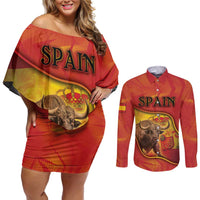 Personalized Spain Couples Matching Off Shoulder Short Dress and Long Sleeve Button Shirt The Spanish Fighting Bull With Coat Of Arms - Wonder Print Shop