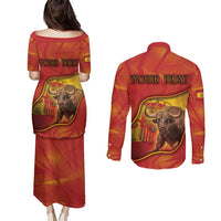 Personalized Spain Couples Matching Puletasi and Long Sleeve Button Shirt The Spanish Fighting Bull With Coat Of Arms - Wonder Print Shop