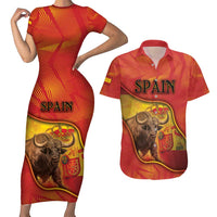 Personalized Spain Couples Matching Short Sleeve Bodycon Dress and Hawaiian Shirt The Spanish Fighting Bull With Coat Of Arms - Wonder Print Shop