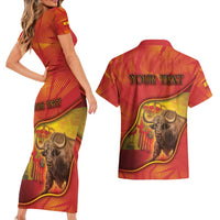 Personalized Spain Couples Matching Short Sleeve Bodycon Dress and Hawaiian Shirt The Spanish Fighting Bull With Coat Of Arms - Wonder Print Shop