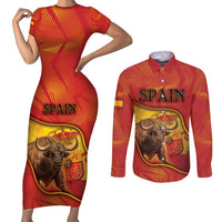 Personalized Spain Couples Matching Short Sleeve Bodycon Dress and Long Sleeve Button Shirt The Spanish Fighting Bull With Coat Of Arms - Wonder Print Shop