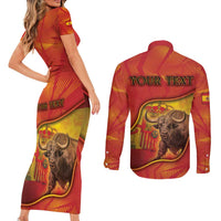 Personalized Spain Couples Matching Short Sleeve Bodycon Dress and Long Sleeve Button Shirt The Spanish Fighting Bull With Coat Of Arms - Wonder Print Shop