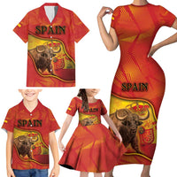 Personalized Spain Family Matching Short Sleeve Bodycon Dress and Hawaiian Shirt The Spanish Fighting Bull With Coat Of Arms - Wonder Print Shop