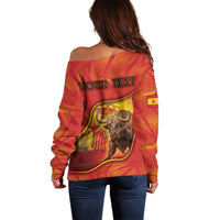 Personalized Spain Off Shoulder Sweater The Spanish Fighting Bull With Coat Of Arms - Wonder Print Shop