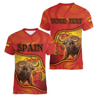 Personalized Spain Women V-Neck T-Shirt The Spanish Fighting Bull With Coat Of Arms - Wonder Print Shop