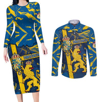 Personalized Sweden Couples Matching Long Sleeve Bodycon Dress and Long Sleeve Button Shirt Coat Of Arms Unique Style - Wonder Print Shop