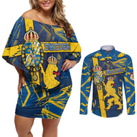 Personalized Sweden Couples Matching Off Shoulder Short Dress and Long Sleeve Button Shirt Coat Of Arms Unique Style - Wonder Print Shop