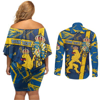 Personalized Sweden Couples Matching Off Shoulder Short Dress and Long Sleeve Button Shirt Coat Of Arms Unique Style - Wonder Print Shop