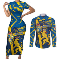 Personalized Sweden Couples Matching Short Sleeve Bodycon Dress and Long Sleeve Button Shirt Coat Of Arms Unique Style - Wonder Print Shop