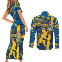 Personalized Sweden Couples Matching Short Sleeve Bodycon Dress and Long Sleeve Button Shirt Coat Of Arms Unique Style - Wonder Print Shop