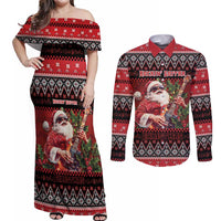 Guitar Christmas Couples Matching Off Shoulder Maxi Dress and Long Sleeve Button Shirt Rocking Santa - Wonder Print Shop