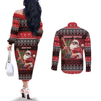 Guitar Christmas Couples Matching Off The Shoulder Long Sleeve Dress and Long Sleeve Button Shirt Rocking Santa - Wonder Print Shop