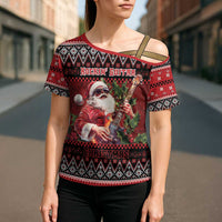 Guitar Christmas Cross Shoulder Shirt Rocking Santa - Wonder Print Shop