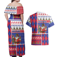 Haiti Christmas Couples Matching Off Shoulder Maxi Dress and Hawaiian Shirt Santa With Fanal Haitian Patchwork Style - Wonder Print Shop