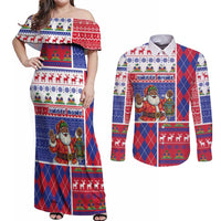 Haiti Christmas Couples Matching Off Shoulder Maxi Dress and Long Sleeve Button Shirt Santa With Fanal Haitian Patchwork Style - Wonder Print Shop
