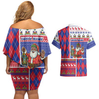 Haiti Christmas Couples Matching Off Shoulder Short Dress and Hawaiian Shirt Santa With Fanal Haitian Patchwork Style - Wonder Print Shop