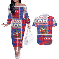 Haiti Christmas Couples Matching Off The Shoulder Long Sleeve Dress and Hawaiian Shirt Santa With Fanal Haitian Patchwork Style - Wonder Print Shop
