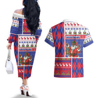 Haiti Christmas Couples Matching Off The Shoulder Long Sleeve Dress and Hawaiian Shirt Santa With Fanal Haitian Patchwork Style - Wonder Print Shop