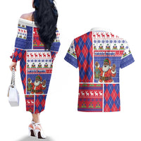 Haiti Christmas Couples Matching Off The Shoulder Long Sleeve Dress and Hawaiian Shirt Santa With Fanal Haitian Patchwork Style - Wonder Print Shop