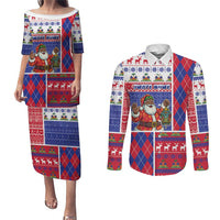 Haiti Christmas Couples Matching Puletasi and Long Sleeve Button Shirt Santa With Fanal Haitian Patchwork Style - Wonder Print Shop