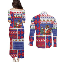 Haiti Christmas Couples Matching Puletasi and Long Sleeve Button Shirt Santa With Fanal Haitian Patchwork Style - Wonder Print Shop