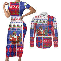 Haiti Christmas Couples Matching Short Sleeve Bodycon Dress and Long Sleeve Button Shirt Santa With Fanal Haitian Patchwork Style - Wonder Print Shop
