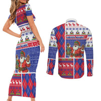 Haiti Christmas Couples Matching Short Sleeve Bodycon Dress and Long Sleeve Button Shirt Santa With Fanal Haitian Patchwork Style - Wonder Print Shop