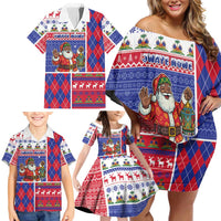 Haiti Christmas Family Matching Off Shoulder Short Dress and Hawaiian Shirt Santa With Fanal Haitian Patchwork Style - Wonder Print Shop