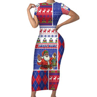 Haiti Christmas Short Sleeve Bodycon Dress Santa With Fanal Haitian Patchwork Style - Wonder Print Shop