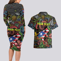 Personalized Puerto Rico Couples Matching Long Sleeve Bodycon Dress and Hawaiian Shirt The Coqui Frog Tropical Doodle Style - Wonder Print Shop