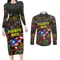 Personalized Puerto Rico Couples Matching Long Sleeve Bodycon Dress and Long Sleeve Button Shirt The Coqui Frog Tropical Doodle Style - Wonder Print Shop