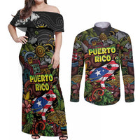 Personalized Puerto Rico Couples Matching Off Shoulder Maxi Dress and Long Sleeve Button Shirt The Coqui Frog Tropical Doodle Style - Wonder Print Shop