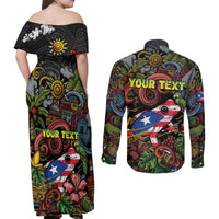 Personalized Puerto Rico Couples Matching Off Shoulder Maxi Dress and Long Sleeve Button Shirt The Coqui Frog Tropical Doodle Style - Wonder Print Shop
