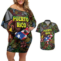 Personalized Puerto Rico Couples Matching Off Shoulder Short Dress and Hawaiian Shirt The Coqui Frog Tropical Doodle Style - Wonder Print Shop