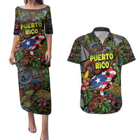 Personalized Puerto Rico Couples Matching Puletasi and Hawaiian Shirt The Coqui Frog Tropical Doodle Style - Wonder Print Shop