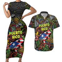 Personalized Puerto Rico Couples Matching Short Sleeve Bodycon Dress and Hawaiian Shirt The Coqui Frog Tropical Doodle Style - Wonder Print Shop