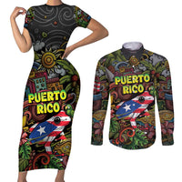 Personalized Puerto Rico Couples Matching Short Sleeve Bodycon Dress and Long Sleeve Button Shirt The Coqui Frog Tropical Doodle Style - Wonder Print Shop