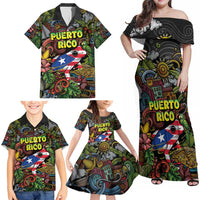 Personalized Puerto Rico Family Matching Off Shoulder Maxi Dress and Hawaiian Shirt The Coqui Frog Tropical Doodle Style - Wonder Print Shop