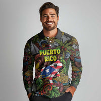 Personalized Puerto Rico Long Sleeve Polo Shirt The Coqui Frog Tropical Doodle Style - Wonder Print Shop