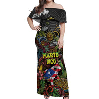 Personalized Puerto Rico Off Shoulder Maxi Dress The Coqui Frog Tropical Doodle Style - Wonder Print Shop