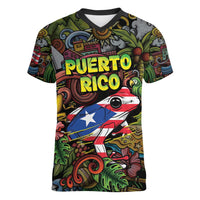 Personalized Puerto Rico Women V-Neck T-Shirt The Coqui Frog Tropical Doodle Style - Wonder Print Shop