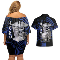 Ancient Greek Hermes Couples Matching Off Shoulder Short Dress and Hawaiian Shirt God Of Boundaries - Wonder Print Shop