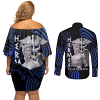 Ancient Greek Hermes Couples Matching Off Shoulder Short Dress and Long Sleeve Button Shirt God Of Boundaries - Wonder Print Shop