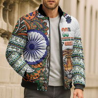 India Independence Day Bomber Puffer Jacket Royal Tiger Ashoka Chakra Paisley Pattern