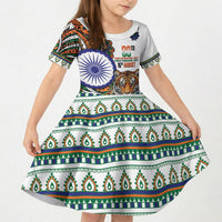 India Independence Day Kid Short Sleeve Dress Royal Tiger Ashoka Chakra Paisley Pattern