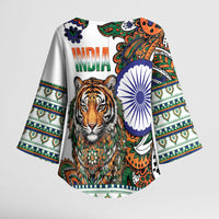 India Independence Day Kimono Sleeve Blouse Royal Tiger Ashoka Chakra Paisley Pattern