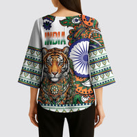 India Independence Day Kimono Sleeve Blouse Royal Tiger Ashoka Chakra Paisley Pattern