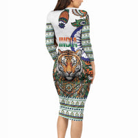 India Independence Day Long Sleeve Bodycon Dress Royal Tiger Ashoka Chakra Paisley Pattern